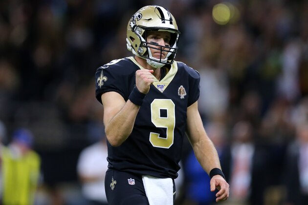 NEW ORLEANS, LOUISIANA - OCTOBER 27: Drew Brees #9 of the New Orleans Saints celebrates during the first half of a game against the Arizona Cardinals at the Mercedes Benz Superdome on October 27, 2019 in New Orleans, Louisiana. (Photo by Jonathan Bachman/Getty Images)