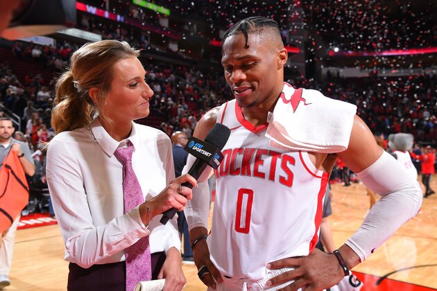 HOUSTON, TX - OCTOBER 26: Russell Westbrook #0 of the Houston Rockets smiles during post-game interview after a win against the New Orleans Pelicans on October 26, 2019 at the Toyota Center in Houston, Texas. NOTE TO USER: User expressly acknowledges and agrees that, by downloading and or using this photograph, User is consenting to the terms and conditions of the Getty Images License Agreement. Mandatory Copyright Notice: Copyright 2019 NBAE (Photo by Bill Baptist/NBAE via Getty Images)