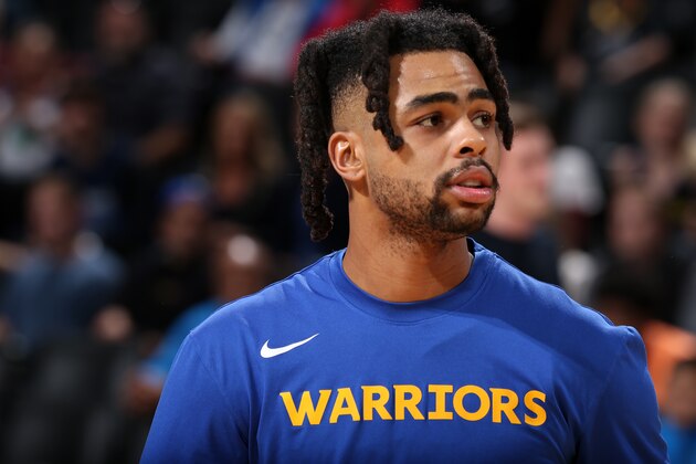OKLAHOMA CITY, OK - OCTOBER 27: D'Angelo Russell #0 of the Golden State Warriors looks on before the game against the Oklahoma City Thunder on October 27, 2019 at Chesapeake Energy Arena in Oklahoma City, Oklahoma. NOTE TO USER: User expressly acknowledges and agrees that, by downloading and or using this photograph, User is consenting to the terms and conditions of the Getty Images License Agreement. Mandatory Copyright Notice: Copyright 2019 NBAE (Photo by Zach Beeker/NBAE via Getty Images)