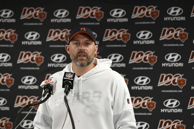 Chicago Bears head coach Matt Nagy speaks during a news conference after an NFL football game against the Los Angeles Chargers, Sunday, Oct. 27, 2019, in Chicago. The Chargers won 17-16. (AP Photo/Paul Beaty)