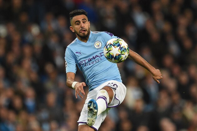 Manchester City's Algerian midfielder Riyad Mahrez controls the ball during the UEFA Champions League Group C football match between Manchester City and Atalanta at the Etihad Stadium in Manchester, northwest England on October 22, 2019. (Photo by Oli SCARFF / AFP) (Photo by OLI SCARFF/AFP via Getty Images)