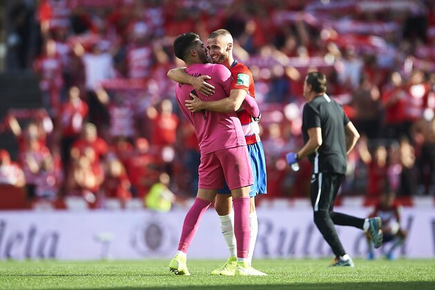GRANADA, SPAIN - OCTOBER 27: Rui Silva of Granada CF celebrates after wining the match with Domingos Duarte of Granada CF during the Liga match between Granada CF and Real Betis Balompie at  on October 27, 2019 in Granada, Spain. (Photo by Aitor Alcalde Colomer/Getty Images)