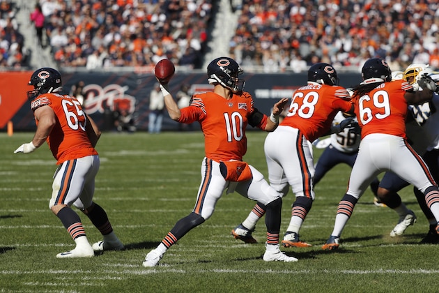 Chicago Bears quarterback Mitchell Trubisky (10) throws a pass during the first half of an NFL football game against the Los Angeles Chargers, Sunday, Oct. 27, 2019, in Chicago. (AP Photo/Charles Rex Arbogast)