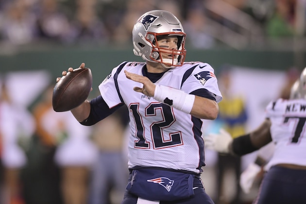 New England Patriots quarterback Tom Brady (12) throws a pass during the first half of an NFL football game against the New York Jets Monday, Oct. 21, 2019, in East Rutherford, N.J. (AP Photo/Bill Kostroun)