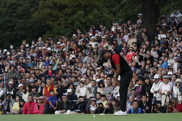 Tiger Woods of the United States attempts a putt on the 9th green during the final round of the Zozo Championship PGA Tour at the Accordia Golf Narashino country club in Inzai, east of Tokyo, Japan, Sunday, Oct. 27, 2019. (AP Photo/Lee Jin-man)