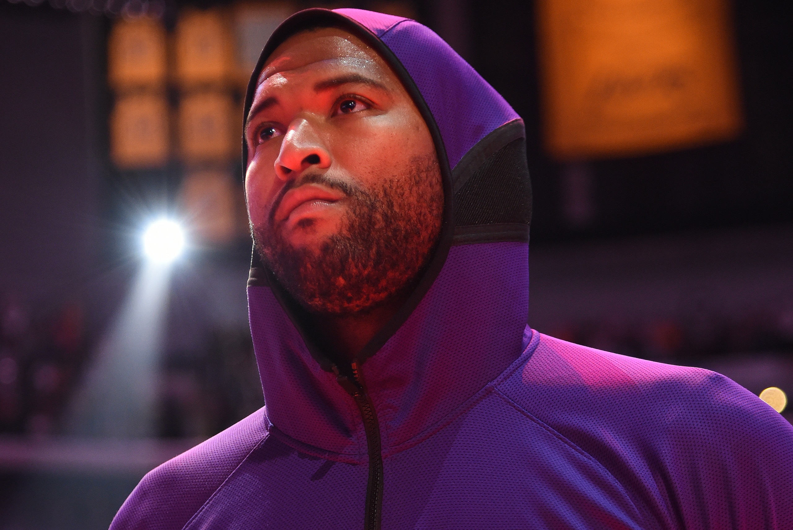 LOS ANGELES, CA - OCTOBER 14: DeMarcus Cousins #15 of the Los Angeles Lakers stands for the National Anthem before a pre-season game against the Golden State Warriors on October 14, 2019 at STAPLES Center in Los Angeles, California. NOTE TO USER: User expressly acknowledges and agrees that, by downloading and/or using this Photograph, user is consenting to the terms and conditions of the Getty Images License Agreement. Mandatory Copyright Notice: Copyright 2019 NBAE (Photo by Andrew D. Bernstein/NBAE via Getty Images)