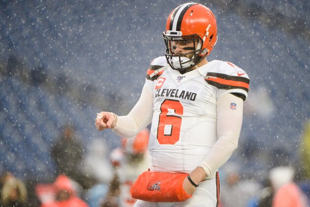 FOXBOROUGH, MA - OCTOBER 27: Baker Mayfield #6 of the Cleveland Browns during warmups prior to the game against the New England Patriots at Gillette Stadium on October 27, 2019 in Foxborough, Massachusetts. (Photo by Kathryn Riley/Getty Images)