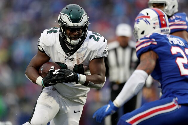 ORCHARD PARK, NEW YORK - OCTOBER 27: Jordan Howard #24 of the Philadelphia Eagles runs the ball during the fourth quarter of an NFL game against the Buffalo Bills during the second half of an NFL game at New Era Field on October 27, 2019 in Orchard Park, New York. (Photo by Bryan M. Bennett/Getty Images)