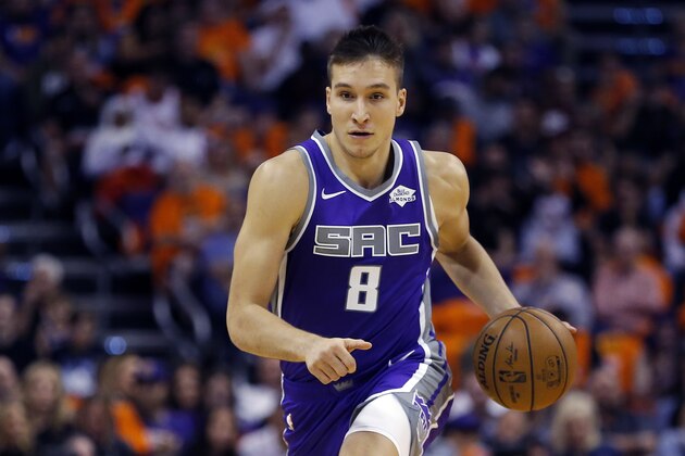Sacramento Kings guard Bogdan Bogdanovic (8) in the first half during an NBA basketball game against the Phoenix Suns, Wednesday, Oct. 23, 2019, in Phoenix. (AP Photo/Rick Scuteri)