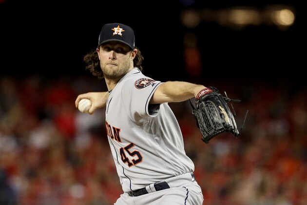 WASHINGTON, DC - OCTOBER 27:  Gerrit Cole #45 of the Houston Astros delivers the pitch against the Washington Nationals during the sixth inning in Game Five of the 2019 World Series at Nationals Park on October 27, 2019 in Washington, DC. (Photo by Patrick Smith/Getty Images)