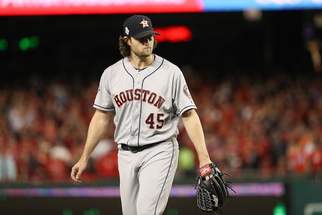 WASHINGTON, DC - OCTOBER 27:  Gerrit Cole #45 of the Houston Astros reacts after retiring the side in the seventh inning against the Washington Nationals in Game Five of the 2019 World Series at Nationals Park on October 27, 2019 in Washington, DC. (Photo by Patrick Smith/Getty Images)