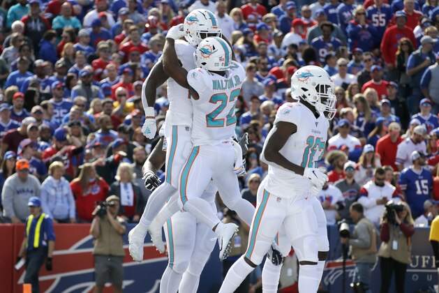 Miami Dolphins running back Kalen Ballage, rear, celebrates his touchdown run with Mark Walton in the first half of an NFL football game against the Buffalo Bills, Sunday, Oct. 20, 2019, in Orchard Park, N.Y. (AP Photo/Ron Schwane) Miami Dolphins running back Kalen Ballage, rear, celebrates his touchdown run with Mark Walton in the first half of an NFL football game against the Buffalo Bills, Sunday, Oct. 20, 2019, in Orchard Park, N.Y. (AP Photo/Ron Schwane)