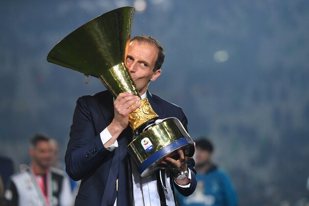 TURIN, ITALY - MAY 19: Head coach Massimiliano Allegri of Juventus celebrates during the awards ceremony after winning the Serie A Championship during the Serie A match between Juventus and Atalanta BC on May 19, 2019 in Turin, Italy. (Photo by Tullio M. Puglia/Getty Images)