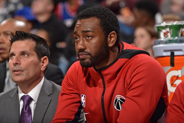 PHILADELPHIA, PA - OCTOBER 18: John Wall #2 of the Washington Wizards looks on against the Philadelphia 76ers during a pre-season game on October 18, 2019 at the Wells Fargo Center in Philadelphia, Pennsylvania. NOTE TO USER: User expressly acknowledges and agrees that, by downloading and/or using this Photograph, user is consenting to the terms and conditions of the Getty Images License Agreement. Mandatory Copyright Notice: Copyright 2019 NBAE (Photo by Jesse D. Garrabrant/NBAE via Getty Images)