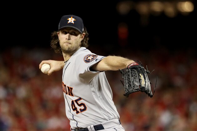 WASHINGTON, DC - OCTOBER 27:  Gerrit Cole #45 of the Houston Astros delivers the pitch against the Washington Nationals during the first inning in Game Five of the 2019 World Series at Nationals Park on October 27, 2019 in Washington, DC. (Photo by Patrick Smith/Getty Images)