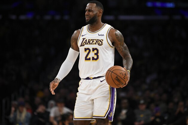 Los Angeles Lakers forward LeBron James reacts after a foul is called during the second half of an NBA basketball game against the Charlotte Hornets in Los Angeles, Sunday, Oct. 27, 2019. The Lakers won 120-101. (AP Photo/Kelvin Kuo)