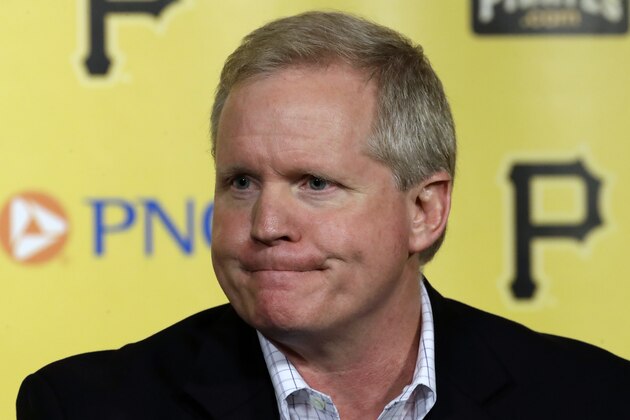 Pittsburgh Pirates General Manager Neil Huntington talks with reporters after firing manager Clint Hurdle before the final baseball game of the season between the Pittsburgh Pirates and the Cincinnati Reds in Pittsburgh, Sunday, Sept. 29, 2019. (AP Photo/Gene J. Puskar)