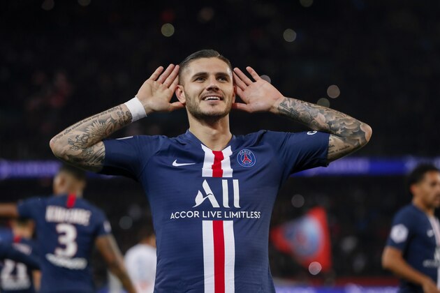 PARIS, FRANCE - OCTOBER 27: Mauro Icardi #18 of Paris Saint-Germain celebrates his goal during the Ligue 1 match between Paris Saint-Germain and Olympique Marseille at Parc des Princes on October 27, 2019 in Paris, France. (Photo by Catherine Steenkeste/Getty Images)