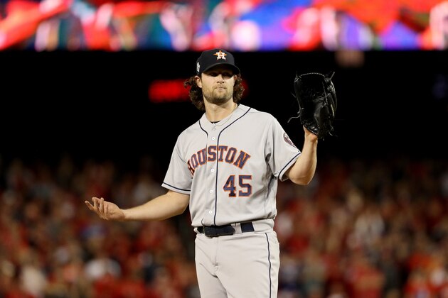 WASHINGTON, DC - OCTOBER 27:  Gerrit Cole #45 of the Houston Astros reacts against the Washington Nationals during the seventh inning in Game Five of the 2019 World Series at Nationals Park on October 27, 2019 in Washington, DC. (Photo by Patrick Smith/Getty Images)