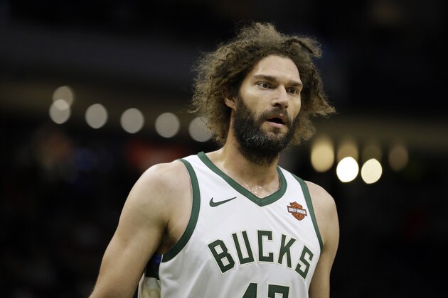 Milwaukee Bucks' Robin Lopez during the second half of a preseason NBA basketball game against the Minnesota Timberwolves Thursday, Oct. 17, 2019, in Milwaukee. (AP Photo/Aaron Gash)