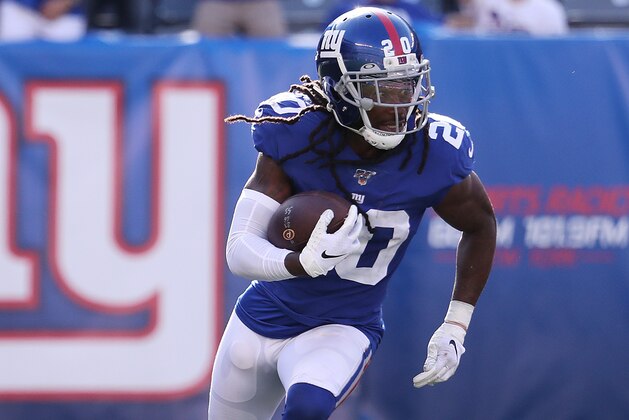 EAST RUTHERFORD, NEW JERSEY - SEPTEMBER 29:  Janoris Jenkins #20 of the New York Giants returns an interception against the Washington Redskins during their game at MetLife Stadium on September 29, 2019 in East Rutherford, New Jersey. (Photo by Al Bello/Getty Images)