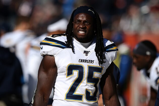 CHICAGO, ILLINOIS - OCTOBER 27:  Melvin Gordon III #25 of the Los Angeles Chargers looks on in the third quarter against the Chicago Bears at Soldier Field on October 27, 2019 in Chicago, Illinois. (Photo by Dylan Buell/Getty Images)