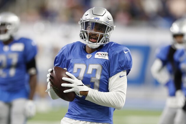 Detroit Lions cornerback Darius Slay runs a drill at an open practice at Ford Field, Friday, Aug. 2, 2019, in Detroit. (AP Photo/Carlos Osorio)