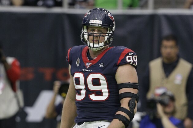 HOUSTON, TEXAS - OCTOBER 27: J.J. Watt #99 of the Houston Texans reacts after a defensive stop against the Oakland Raiders at NRG Stadium on October 27, 2019 in Houston, Texas. (Photo by Bob Levey/Getty Images)