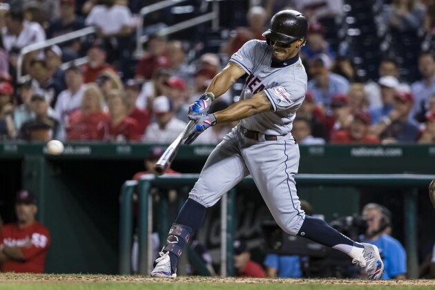 WASHINGTON, DC - SEPTEMBER 27: Francisco Lindor #12 of the Cleveland Indians at bat against the Washington Nationals during the ninth inning at Nationals Park on September 27, 2019 in Washington, DC. (Photo by Scott Taetsch/Getty Images)