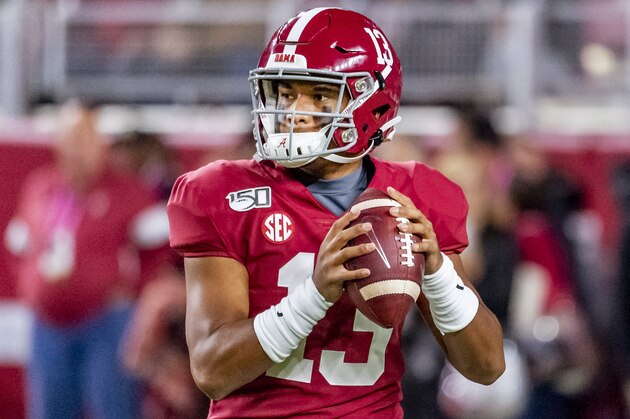 Alabama quarterback Tua Tagovailoa (13) warms up before an NCAA college football game against Tennessee, Saturday, Oct. 19, 2019, in Tuscaloosa, Ala. (AP Photo/Vasha Hunt)