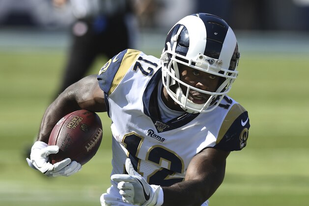 Los Angeles Rams wide receiver Brandin Cooks (12) near the sidelines after gaining yards on a reverse during the first half of an NFL football game against the San Francisco 49ers, Sunday, October 13, 2019 in Los Angeles. The 49ers defeated the Rams 20-7. (John Cordes/AP Images for Panini)
