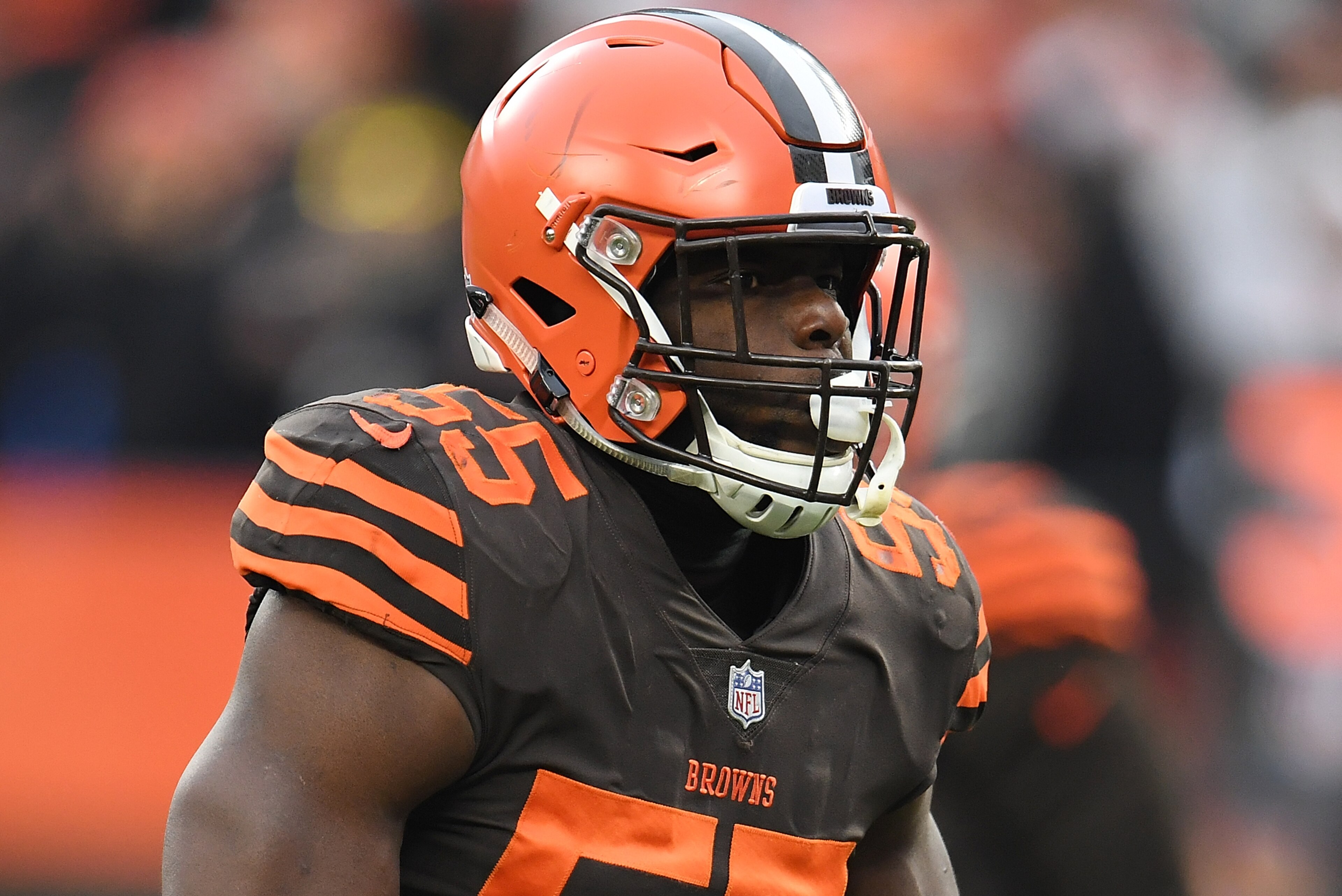 CLEVELAND, OH - DECEMBER 23:  Genard Avery #55 of the Cleveland Browns reacts after sacking Jeff Driskel #6 of the Cincinnati Bengals (not pictured) during the second quarter at FirstEnergy Stadium on December 23, 2018 in Cleveland, Ohio. (Photo by Jason Miller/Getty Images)
