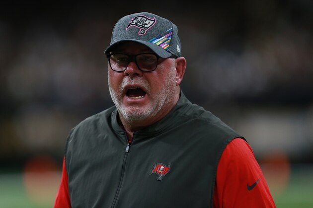 NEW ORLEANS, LOUISIANA - OCTOBER 06:  Head coach Bruce Arians of the Tampa Bay Buccaneers looks on during a NFL game against the New Orleans Saints at the Mercedes Benz Superdome on October 06, 2019 in New Orleans, Louisiana. (Photo by Sean Gardner/Getty Images)