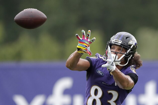 Baltimore Ravens wide receiver Willie Snead runs a drill during NFL football training camp, Tuesday, Aug. 13, 2019, in Owings Mills, Md. (AP Photo/Julio Cortez)