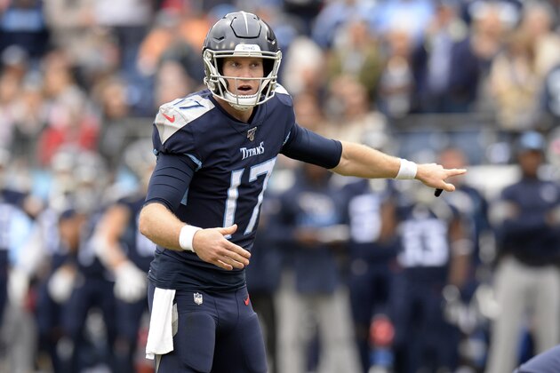 Tennessee Titans quarterback Ryan Tannehill calls a play against the Tampa Bay Buccaneers in the first half of an NFL football game Sunday, Oct. 27, 2019, in Nashville, Tenn. (AP Photo/Mark Zaleski)
