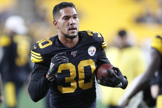 Pittsburgh Steelers running back James Conner (30) warmups before an NFL football game against the Miami Dolphins in Pittsburgh, Monday, Oct. 28, 2019. (AP Photo/Keith Srakocic)