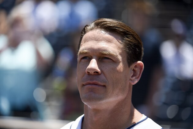 SAN DIEGO, CA - JUNE 19: Actor and wrestler John Cena takes part in pre-game events before a baseball game between the San Diego Padres and the Milwaukee Brewers at Petco Park June 19, 2019 in San Diego, California.  (Photo by Denis Poroy/Getty Images)