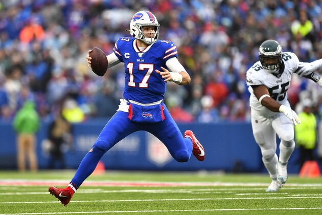 Buffalo Bills quarterback Josh Allen looks to throw during the second half of an NFL football game against the Philadelphia Eagles, Sunday, Oct. 27, 2019, in Orchard Park, N.Y. (AP Photo/Adrian Kraus)