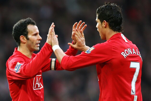 MANCHESTER, UNITED KINGDOM - JANUARY 27:  Cristiano Ronaldo of United celebrates scoring his teams 2nd goal with Ryan Giggs during the FA Cup spnsored by E.ON 4th Round match between Manchester United and Tottenham Hotspur at Old Trafford on January 27, 2008 in Manchester, England.  (Photo by Alex Livesey/Getty Images)