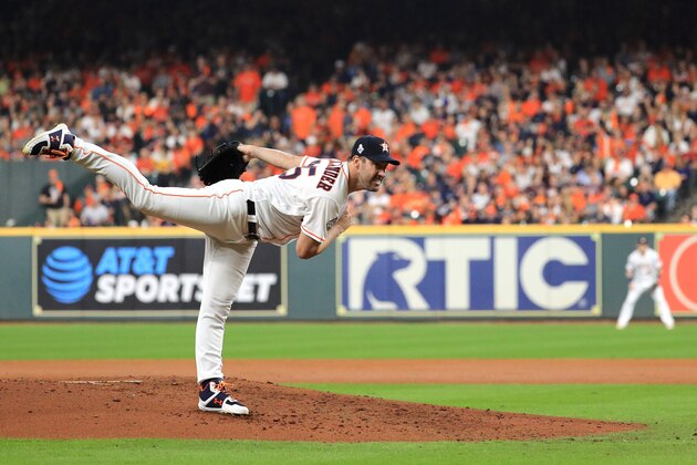 HOUSTON, TEXAS - OCTOBER 23:  Justin Verlander #35 of the Houston Astros delivers the pitch against the Washington Nationals during the second inning in Game Two of the 2019 World Series at Minute Maid Park on October 23, 2019 in Houston, Texas. (Photo by Mike Ehrmann/Getty Images)