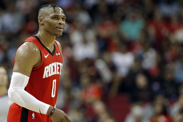 HOUSTON, TEXAS - OCTOBER 28: Russell Westbrook #0 of the Houston Rockets during a break in play against the Oklahoma City Thunder at Toyota Center on October 28, 2019 in Houston, Texas.NOTE TO USER: User expressly acknowledges and agrees that, by downloading and/or using this photograph, user is consenting to the terms and conditions of the Getty Images License Agreement.  (Photo by Bob Levey/Getty Images)