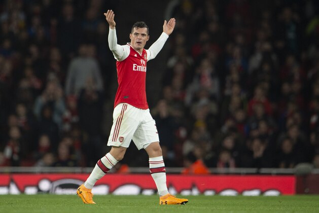 LONDON, ENGLAND - OCTOBER 27: Granit Xhaka of Arsenal reacts to the crowd after being substituted by Manager  Unai Emery during the Premier League match between Arsenal FC and Crystal Palace at Emirates Stadium on October 27, 2019 in London, United Kingdom. (Photo by Visionhaus)