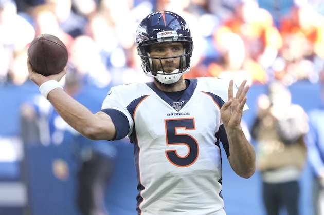 Denver Broncos quarterback Joe Flacco (5) throws during the second half of an NFL football game against the Indianapolis Colts, Sunday, Oct. 27, 2019, in Indianapolis. (AP Photo/AJ Mast)