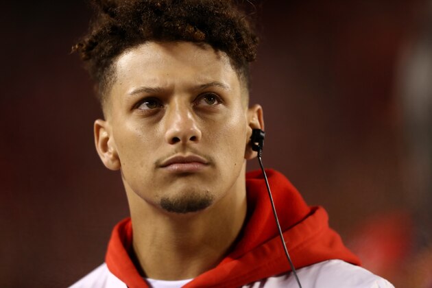 KANSAS CITY, MISSOURI - OCTOBER 27: Patrick Mahomes #15 of the Kansas City Chiefs looks on from the sidelines during their NFL game against the Green Bay Packers at Arrowhead Stadium on October 27, 2019 in Kansas City, Missouri. (Photo by Jamie Squire/Getty Images)