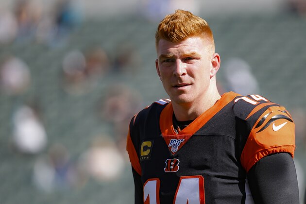 Cincinnati Bengals quarterback Andy Dalton practices before an NFL football game against the Jacksonville Jaguars, Sunday, Oct. 20, 2019, in Cincinnati. (AP Photo/Frank Victores)