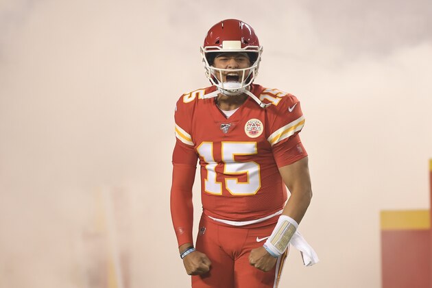 Kansas City Chiefs quarterback Patrick Mahomes (15) is introduced before an NFL football game against the Indianapolis Colts in Kansas City, Mo., Sunday, Oct. 6, 2019. (AP Photo/Reed Hoffmann)