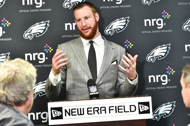 Philadelphia Eagles quarterback Carson Wentz talks to reporters after an NFL football game against the Buffalo Bills, Sunday, Oct. 27, 2019, in Orchard Park, N.Y. The Eagles defeated the Bills 31-13. (AP Photo/Adrian Kraus)