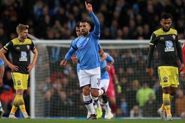 Manchester City's Argentinian defender Nicolas Otamendi celebrates scoring the opening goal during the English League Cup fourth round football match between Manchester City and Southampton at the Etihad Stadium in Manchester, north west England, on October 29, 2019. (Photo by Lindsey Parnaby / AFP) / RESTRICTED TO EDITORIAL USE. No use with unauthorized audio, video, data, fixture lists, club/league logos or 'live' services. Online in-match use limited to 75 images, no video emulation. No use in betting, games or single club/league/player publications. /  (Photo by LINDSEY PARNABY/AFP via Getty Images)