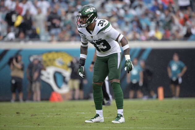 New York Jets strong safety Jamal Adams (33) sets up for a play during the first half of an NFL football game against the Jacksonville Jaguars Sunday, Oct. 27, 2019, in Jacksonville, Fla. (AP Photo/Phelan M. Ebenhack)