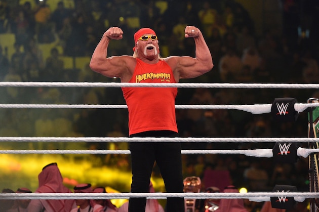 Wrestling legend Hulk Hogan greets the crowd during the World Wrestling Entertainment (WWE) Crown Jewel pay-per-view at the King Saud University Stadium in Riyadh on November 2, 2018. (Photo by Fayez Nureldine / AFP)        (Photo credit should read FAYEZ NURELDINE/AFP/Getty Images)